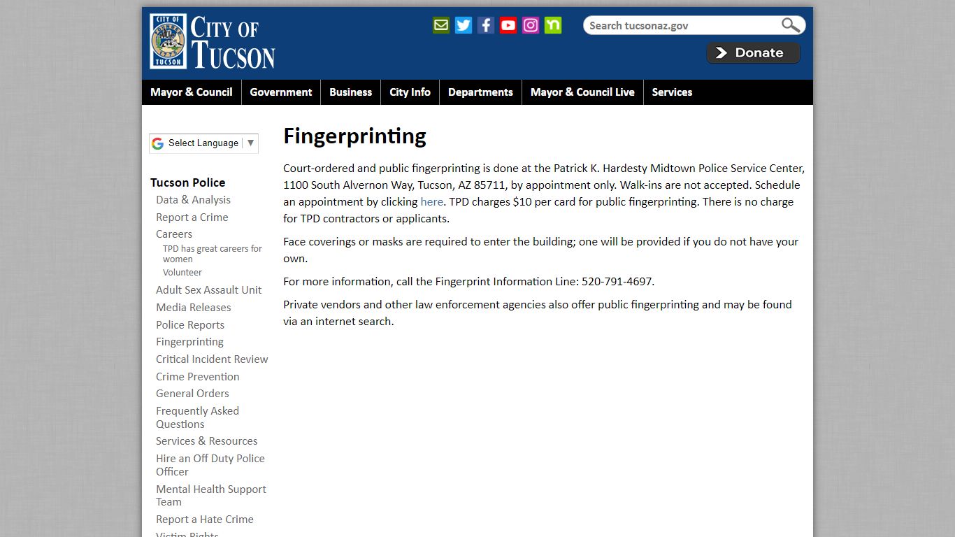 Fingerprinting | Official website of the City of Tucson